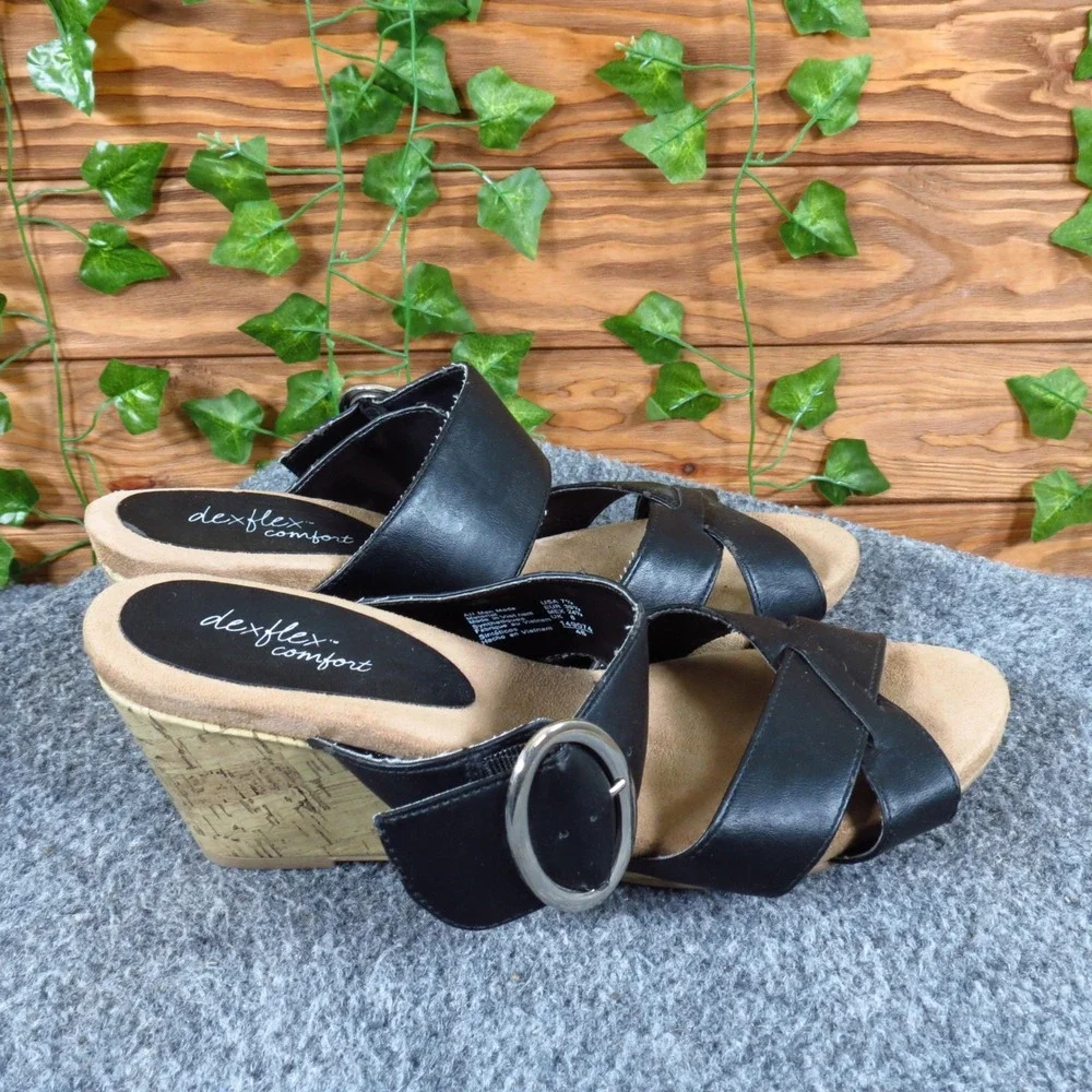 DexFlex Comfort Circle Women Wedge Sandal Size 7.5 Casual Dressy Black Synthetic